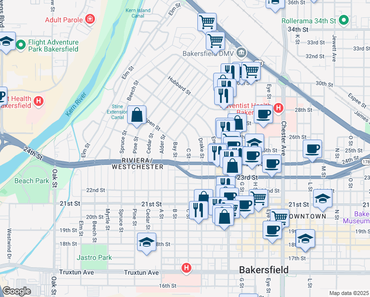 map of restaurants, bars, coffee shops, grocery stores, and more near 2416 Bay Street in Bakersfield
