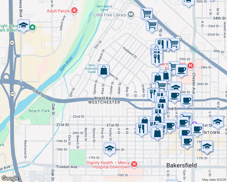 map of restaurants, bars, coffee shops, grocery stores, and more near 2421 Alder Street in Bakersfield