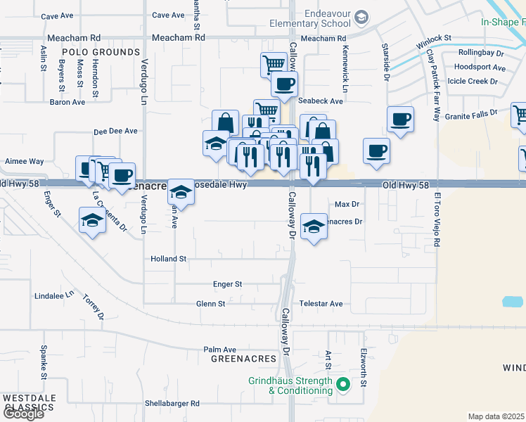 map of restaurants, bars, coffee shops, grocery stores, and more near 9830 Greenacres Drive in Bakersfield