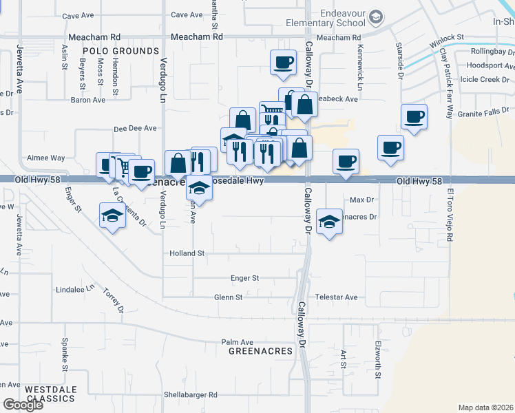 map of restaurants, bars, coffee shops, grocery stores, and more near 10010 Greenacres Drive in Bakersfield
