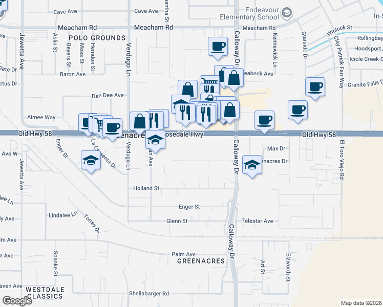 map of restaurants, bars, coffee shops, grocery stores, and more near 10010 Greenacres Drive in Bakersfield