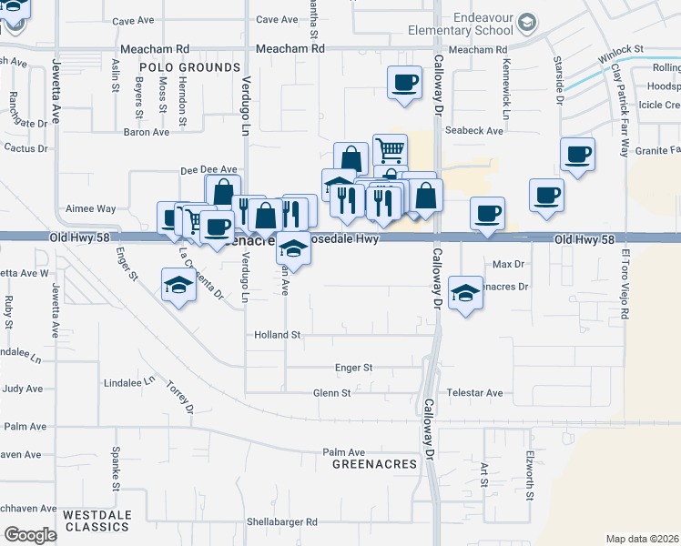 map of restaurants, bars, coffee shops, grocery stores, and more near 10108 Greenacres Drive in Bakersfield