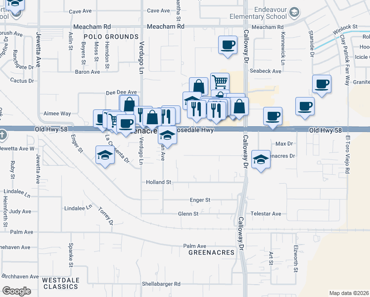 map of restaurants, bars, coffee shops, grocery stores, and more near 10108 Greenacres Drive in Bakersfield