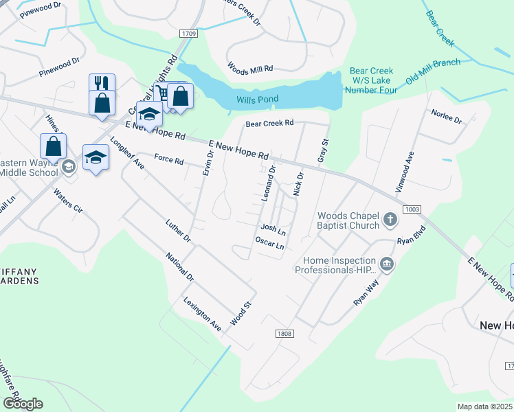 map of restaurants, bars, coffee shops, grocery stores, and more near 103 Gary Lane in Goldsboro