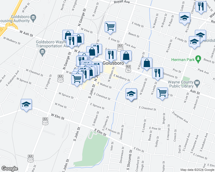map of restaurants, bars, coffee shops, grocery stores, and more near 224 East Walnut Street in Goldsboro