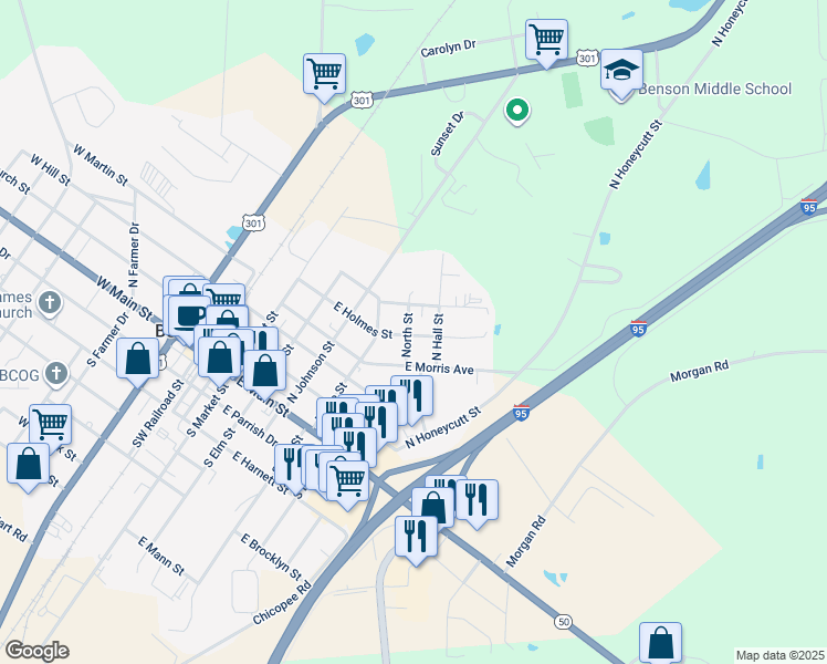 map of restaurants, bars, coffee shops, grocery stores, and more near 407 East Holmes Street in Benson
