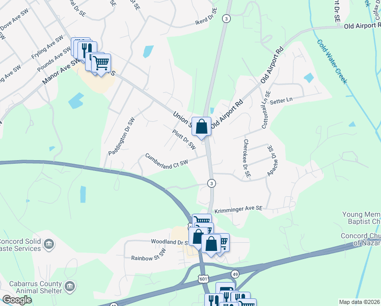 map of restaurants, bars, coffee shops, grocery stores, and more near 42 Cumberland Court Southwest in Concord