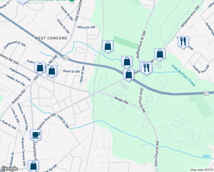 map of restaurants, bars, coffee shops, grocery stores, and more near 621 Wilshire Avenue Southwest in Concord