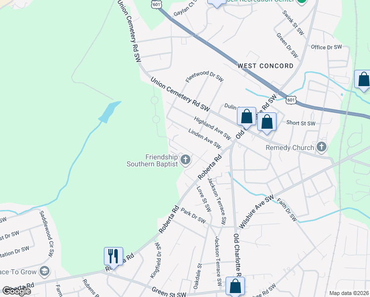 map of restaurants, bars, coffee shops, grocery stores, and more near 167 Alliance Avenue Southwest in Concord