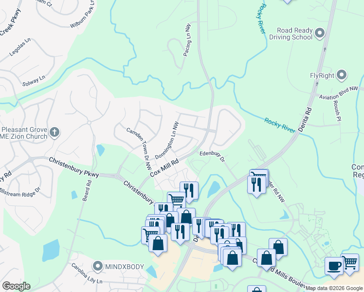map of restaurants, bars, coffee shops, grocery stores, and more near 2258 Eversham Drive Northwest in Concord