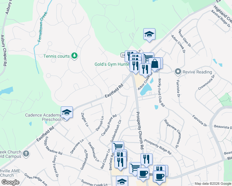 map of restaurants, bars, coffee shops, grocery stores, and more near 6749 Summergold Way in Charlotte