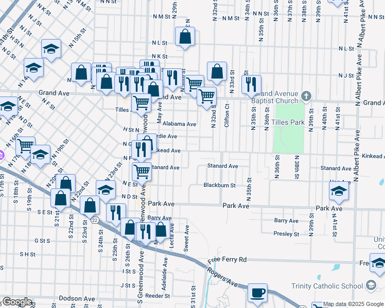map of restaurants, bars, coffee shops, grocery stores, and more near 622 North 30th Street in Fort Smith