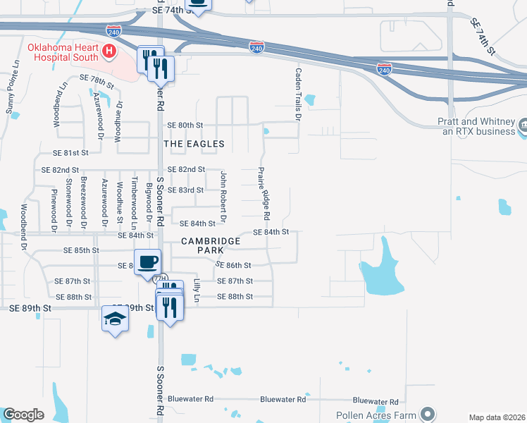 map of restaurants, bars, coffee shops, grocery stores, and more near 6033 Southeast 84th Place in Oklahoma City