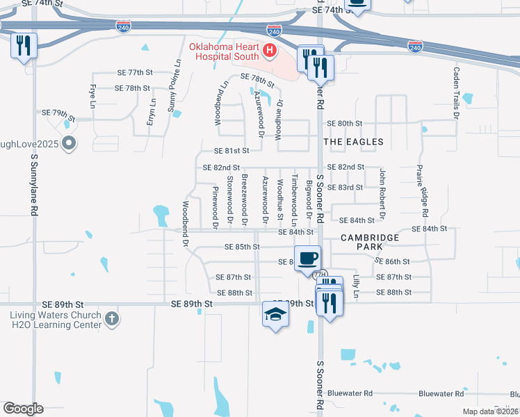 map of restaurants, bars, coffee shops, grocery stores, and more near 8416 Breezewood Drive in Oklahoma City