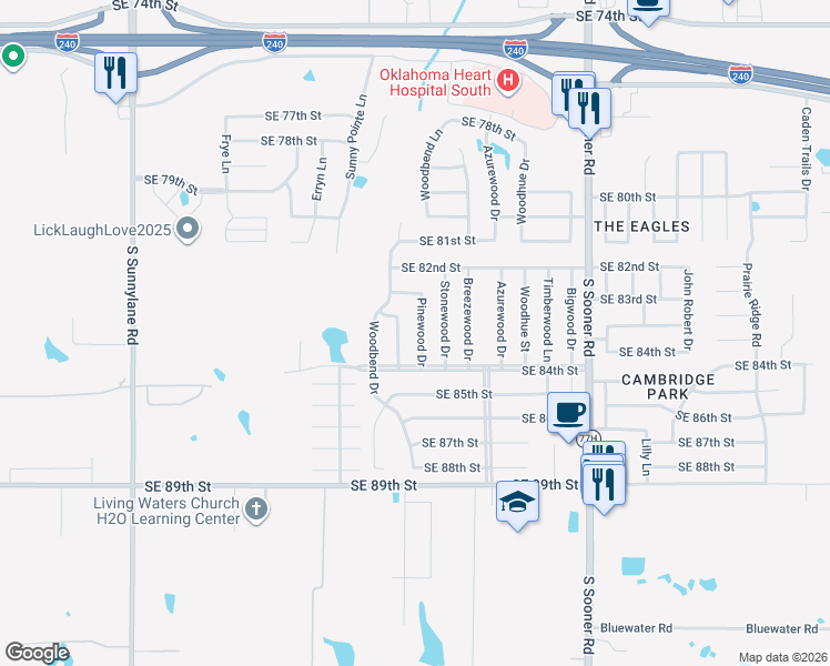 map of restaurants, bars, coffee shops, grocery stores, and more near 8413 Barkwood Lane in Oklahoma City
