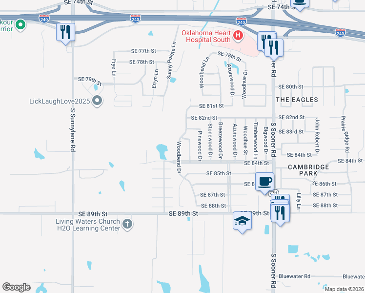 map of restaurants, bars, coffee shops, grocery stores, and more near 8413 Barkwood Lane in Oklahoma City