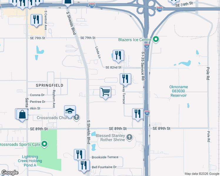map of restaurants, bars, coffee shops, grocery stores, and more near 627 Helm Parkway in Oklahoma City
