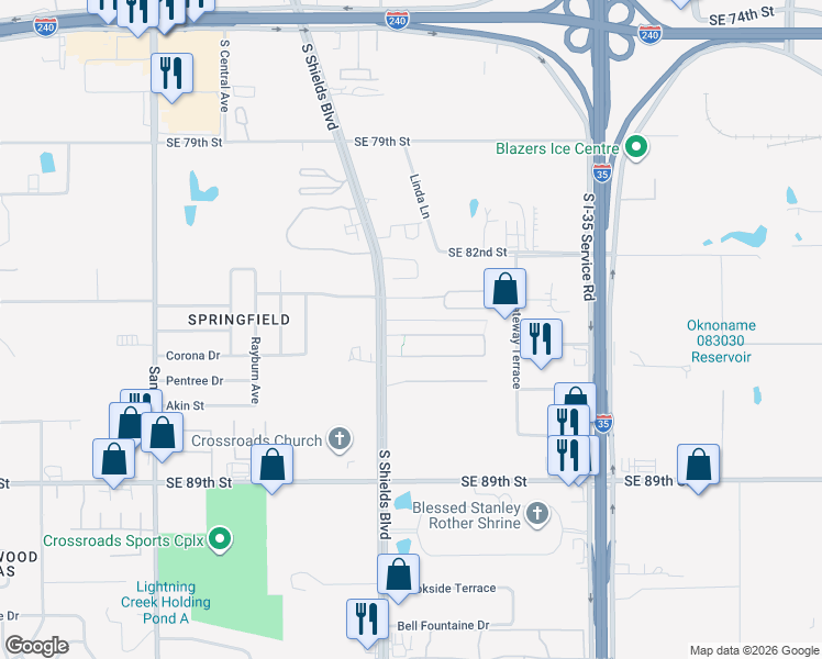map of restaurants, bars, coffee shops, grocery stores, and more near 501-531 Helm Parkway in Oklahoma City