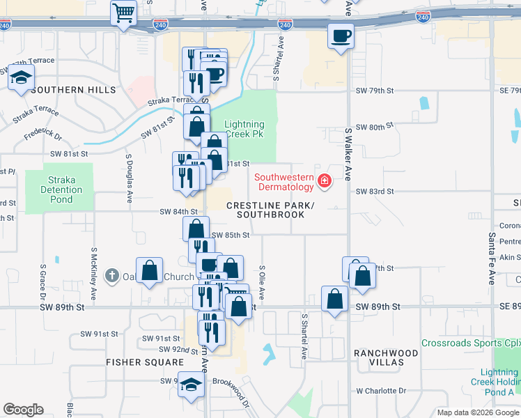 map of restaurants, bars, coffee shops, grocery stores, and more near 8500 South Olie Avenue in Oklahoma City