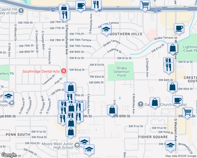 map of restaurants, bars, coffee shops, grocery stores, and more near 8401 South Indiana Avenue in Oklahoma City