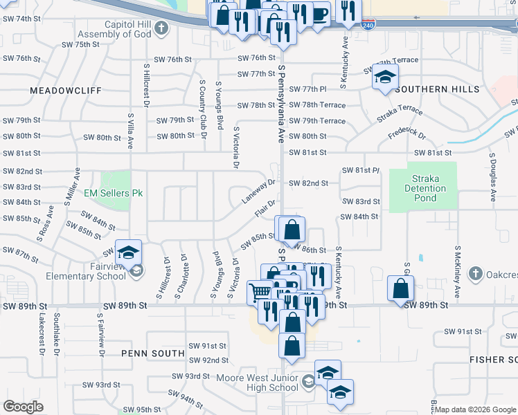 map of restaurants, bars, coffee shops, grocery stores, and more near 2129 Flair Drive in Oklahoma City