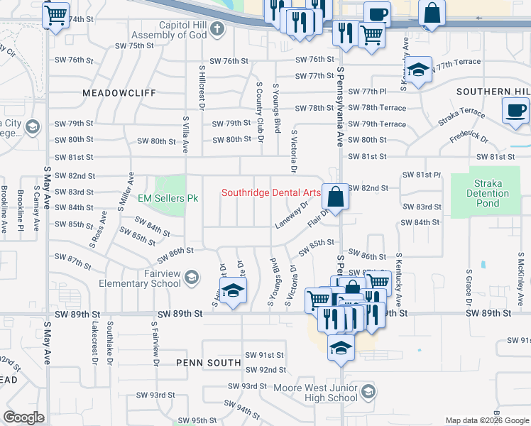 map of restaurants, bars, coffee shops, grocery stores, and more near 8505 South Youngs Boulevard in Oklahoma City