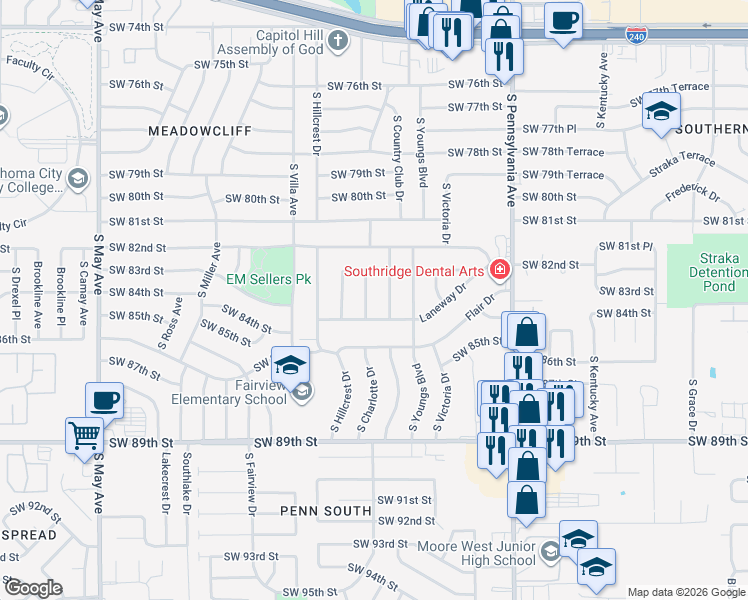 map of restaurants, bars, coffee shops, grocery stores, and more near 8500 South Charlotte Drive in Oklahoma City
