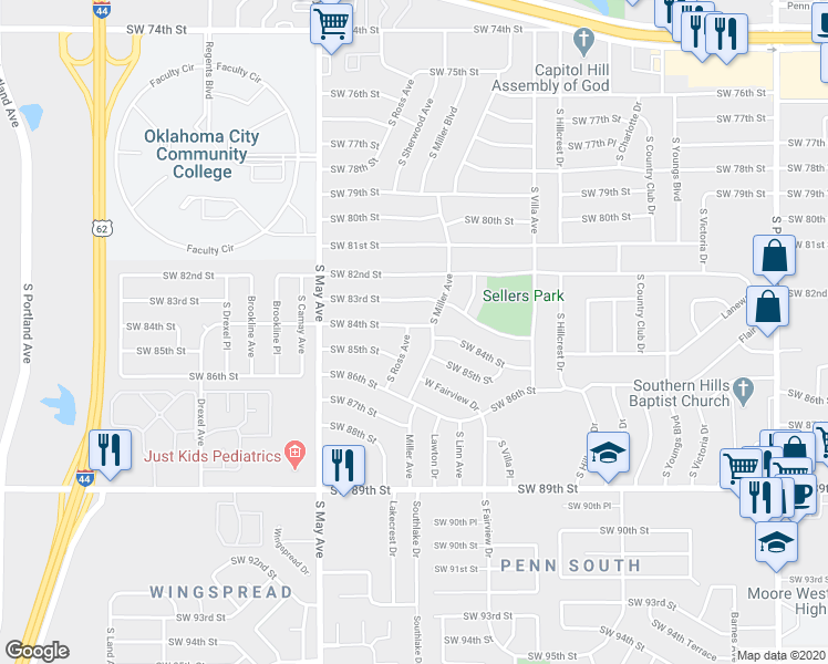 map of restaurants, bars, coffee shops, grocery stores, and more near 8505 South Miller Avenue in Oklahoma City