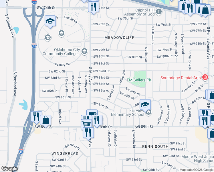 map of restaurants, bars, coffee shops, grocery stores, and more near 2732 Southwest 84th Street in Oklahoma City