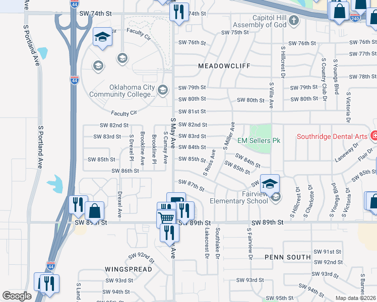 map of restaurants, bars, coffee shops, grocery stores, and more near 2820 Southwest 84th Street in Oklahoma City