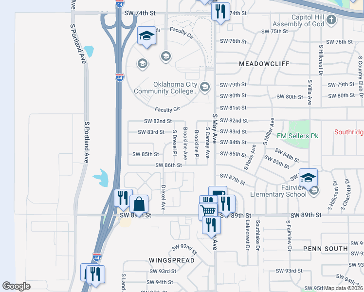 map of restaurants, bars, coffee shops, grocery stores, and more near 8504 South Drexel Place in Oklahoma City