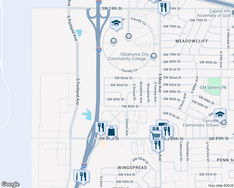 map of restaurants, bars, coffee shops, grocery stores, and more near 3220 Southwest 84th Street in Oklahoma City