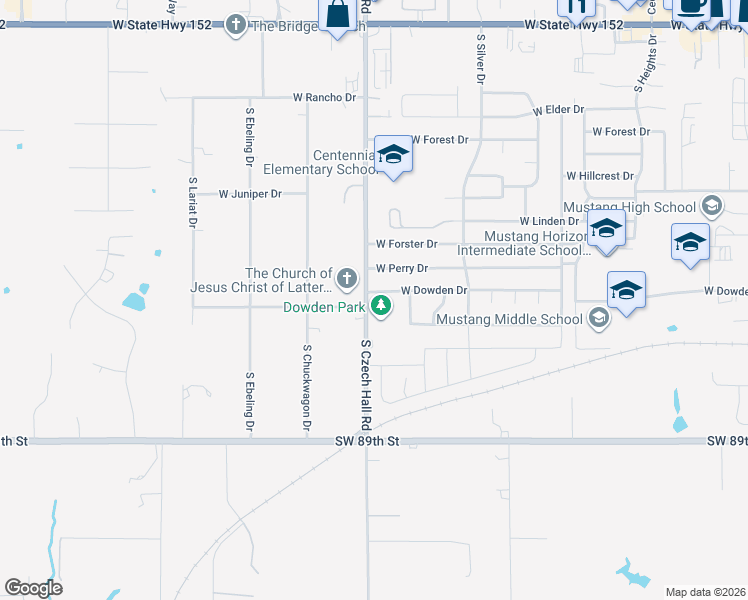 map of restaurants, bars, coffee shops, grocery stores, and more near 816 West Dowden Drive in Mustang