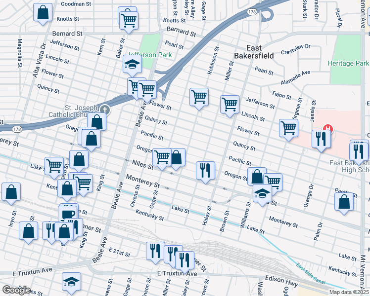 map of restaurants, bars, coffee shops, grocery stores, and more near 1131 Pacific Street in Bakersfield