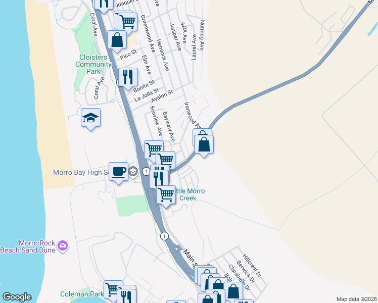 map of restaurants, bars, coffee shops, grocery stores, and more near 535 California 41 in Morro Bay