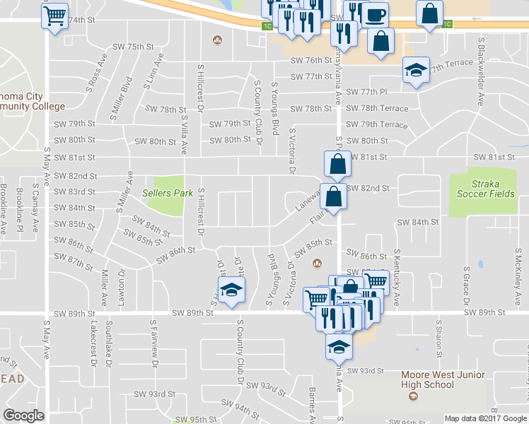 map of restaurants, bars, coffee shops, grocery stores, and more near 8505 South Youngs Boulevard in Oklahoma City