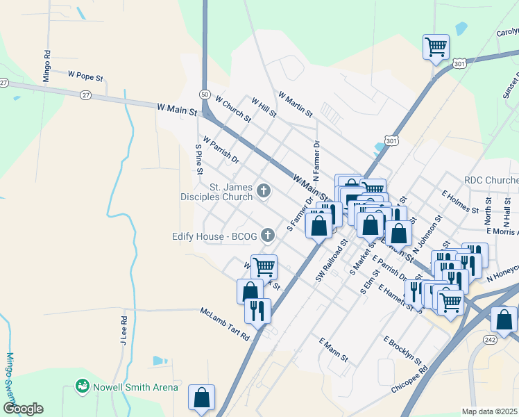 map of restaurants, bars, coffee shops, grocery stores, and more near 309 West Harnett Street in Benson