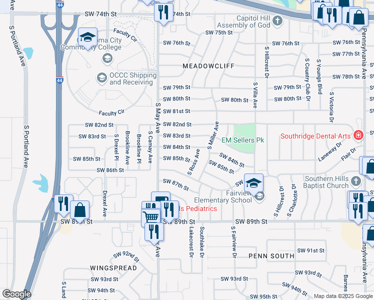 map of restaurants, bars, coffee shops, grocery stores, and more near 2732 Southwest 84th Street in Oklahoma City