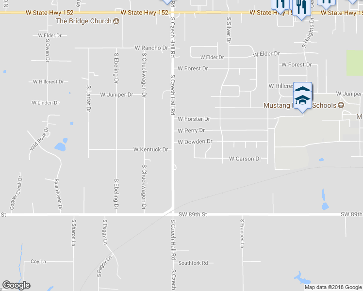map of restaurants, bars, coffee shops, grocery stores, and more near 816 West Dowden Drive in Mustang