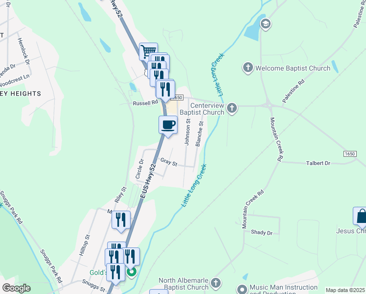 map of restaurants, bars, coffee shops, grocery stores, and more near 1715 Johnson St in Albemarle