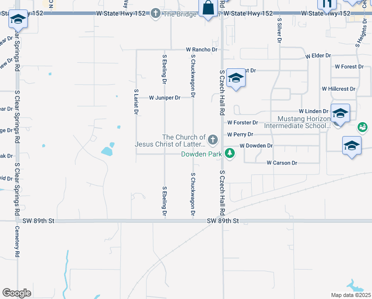 map of restaurants, bars, coffee shops, grocery stores, and more near 1033 South Chuckwagon Drive in Mustang