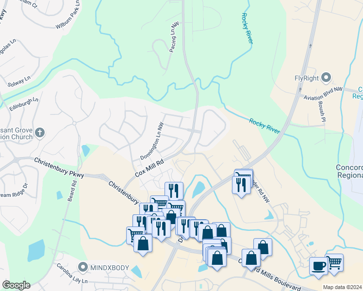 map of restaurants, bars, coffee shops, grocery stores, and more near 9659 Cox Mill Road in Concord