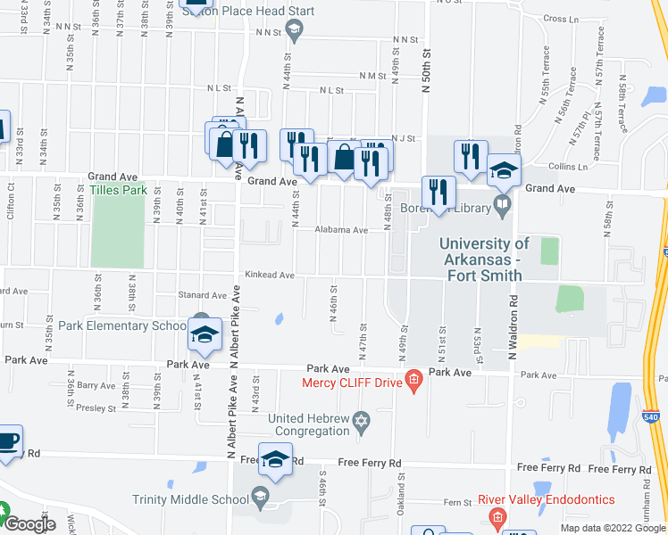 map of restaurants, bars, coffee shops, grocery stores, and more near 4515 Kinkead Avenue in Fort Smith