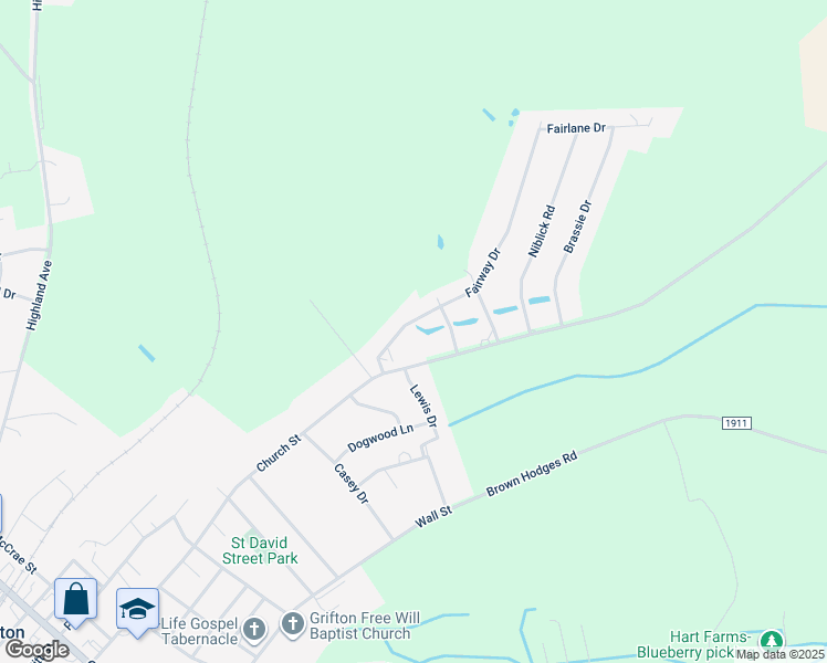 map of restaurants, bars, coffee shops, grocery stores, and more near 6551 Fairway Dr in Grifton