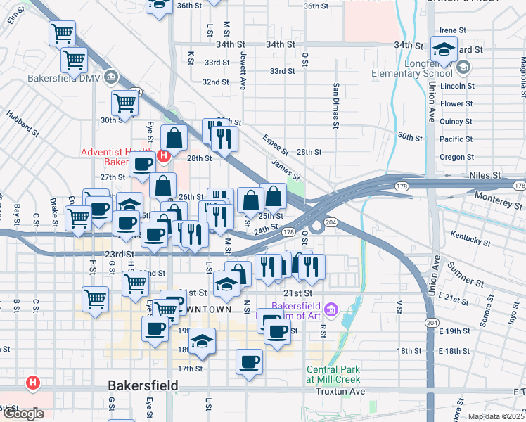 map of restaurants, bars, coffee shops, grocery stores, and more near 2503 O Street in Bakersfield