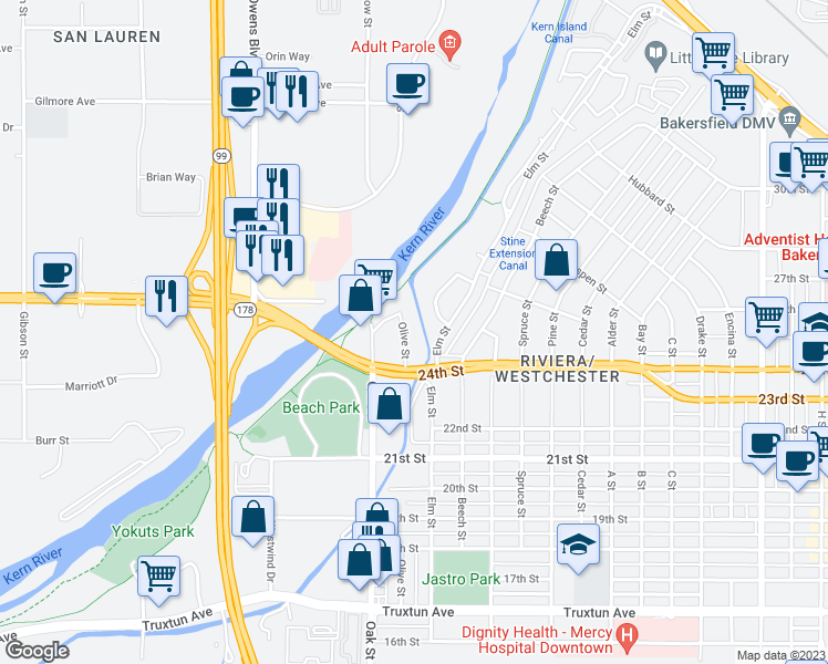 map of restaurants, bars, coffee shops, grocery stores, and more near 2480 Olive Street in Bakersfield