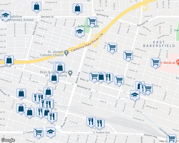 map of restaurants, bars, coffee shops, grocery stores, and more near 1000 Oregon Street in Bakersfield