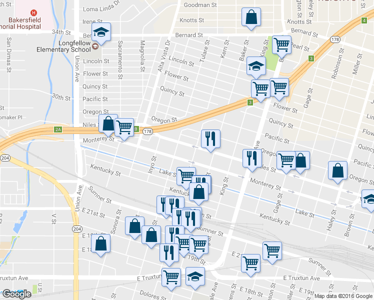 map of restaurants, bars, coffee shops, grocery stores, and more near 518 Monterey Street in Bakersfield