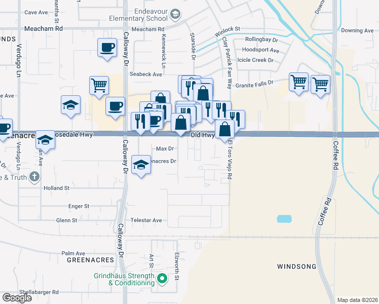 map of restaurants, bars, coffee shops, grocery stores, and more near 9131 Rosedale Highway in Bakersfield
