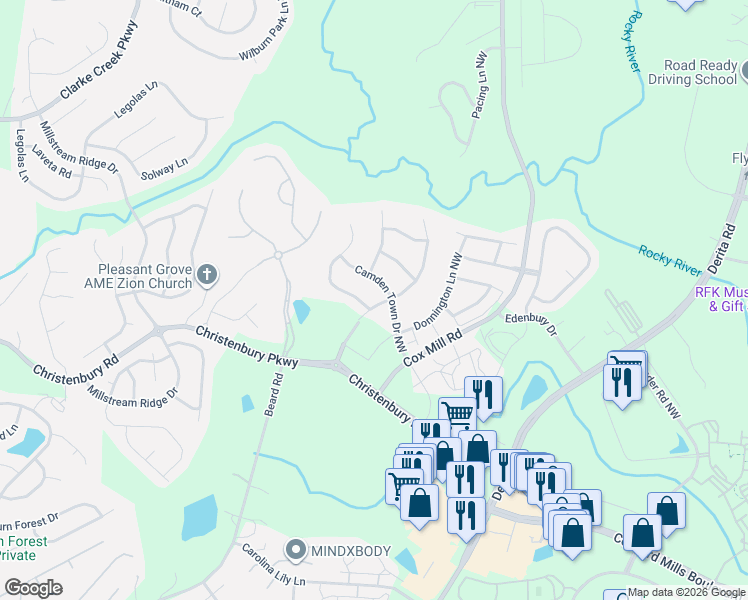 map of restaurants, bars, coffee shops, grocery stores, and more near 2380 Herrons Nest Place Northwest in Concord